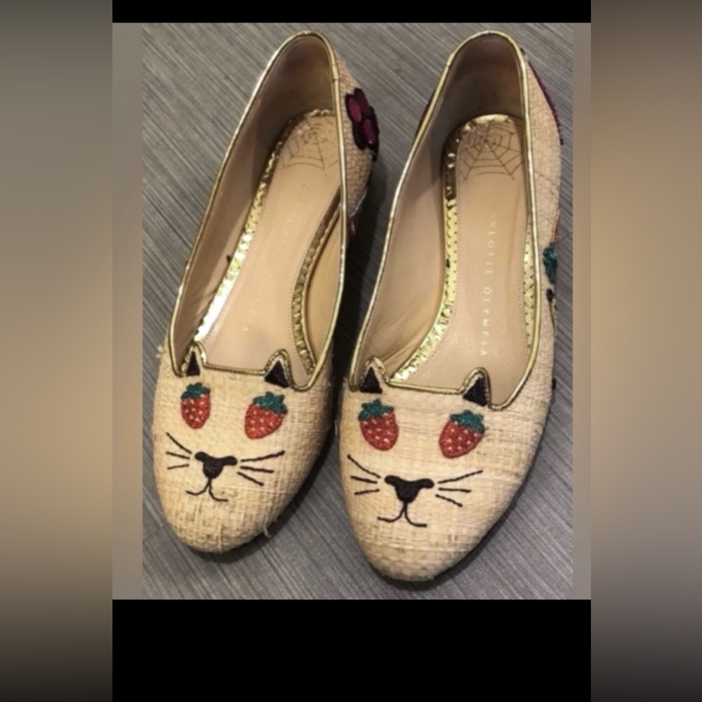 Charlotte Olympia Kitty Flats Leather Raffia Braided Embroidered Eyes Size 4.5